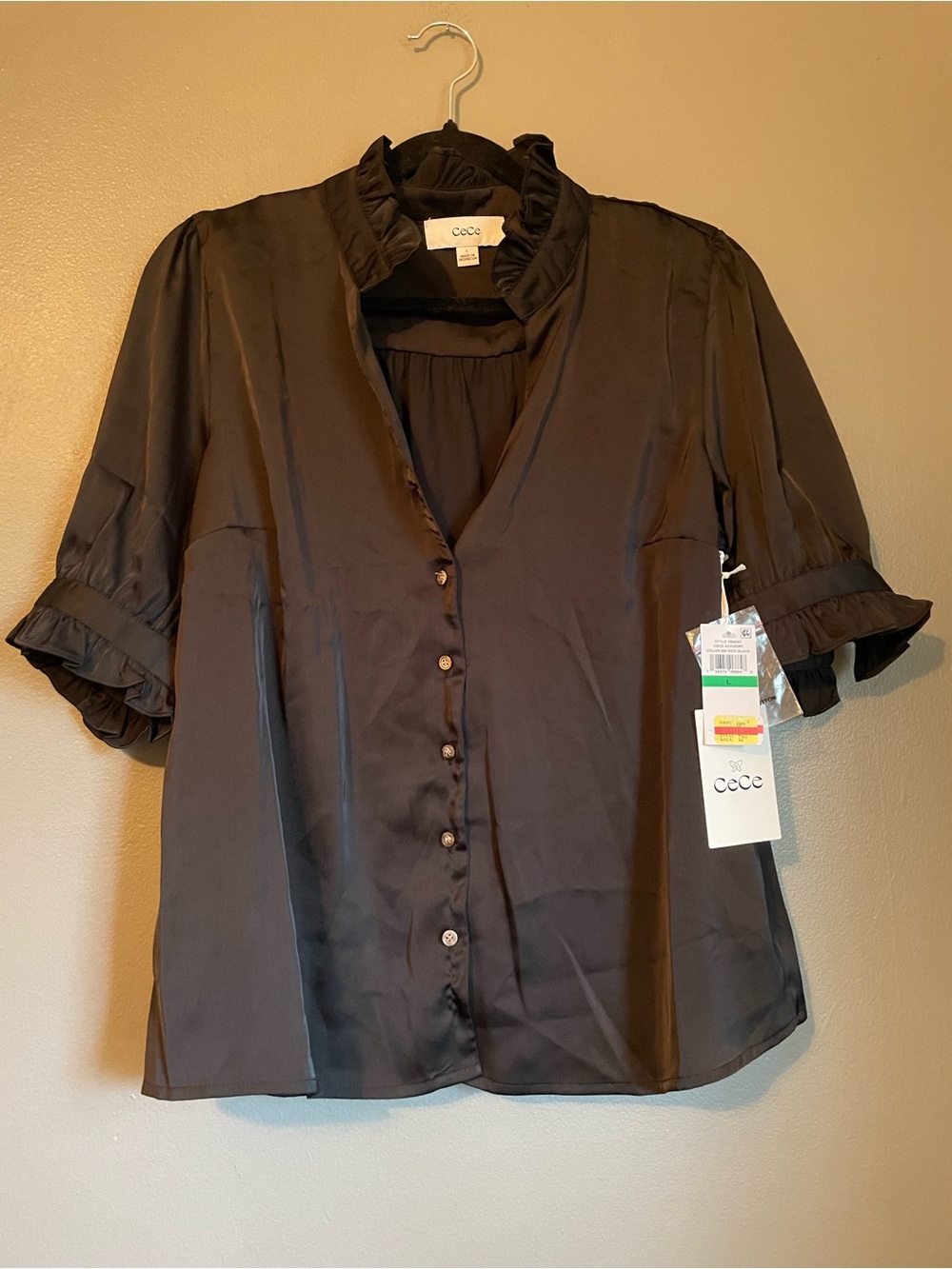 NWT CeCe Sz Large Women’s Black Puff Sleeve Satin Button-down Blouse Top Rt $69!